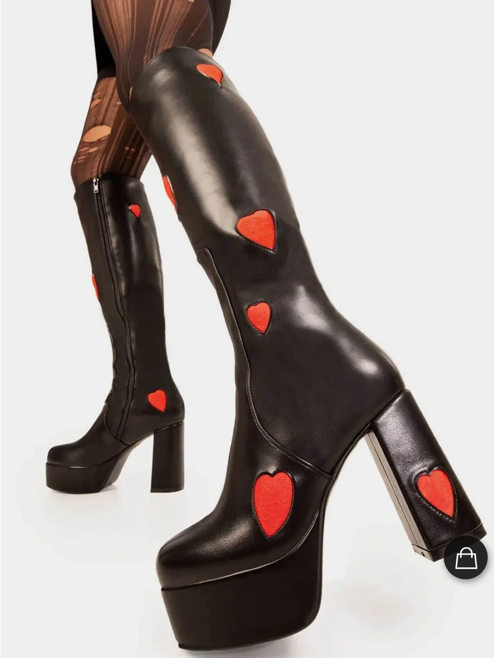 NEW Lamoda Hearts Black Faux Leather Heart Chunky Platform Knee High Boots Heels